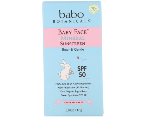 Babo Botanicals, Baby Face, солнцезащитный крем на минеральной основе в виде стика, SPF 50, 0,6 унц. (17 г) Babo Botanicals, Baby Face, солнцезащитный крем на минеральной основе в виде стика, SPF 50, 0,6 унц. (17 г)