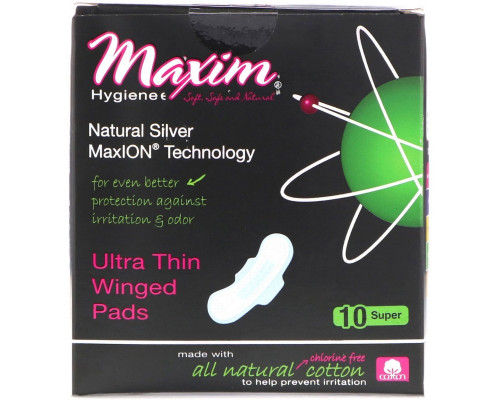 Maxim Hygiene Products Ultra Thin Winged Pads Natural Silver MaxION Technology Super 10 Pads