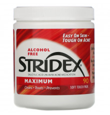 Stridex, Одношаговое средство от угрей, максимальная сила, без спирта, 90 мягких салфеток