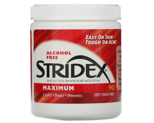 Stridex, Одношаговое средство от угрей, максимальная сила, без спирта, 90 мягких салфеток Stridex, Одношаговое средство от угрей, максимальная сила, без спирта, 90 мягких салфеток