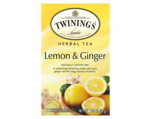 Травяные сборы и чаи Twinings, Herbal Tea, Lemon & Ginger, Caffeine Free, 20 Tea Bags, 1.06 oz (30 g) Травяные сборы и чаи Twinings, Herbal Tea, Lemon & Ginger, Caffeine Free, 20 Tea Bags, 1.06 oz (30 g)