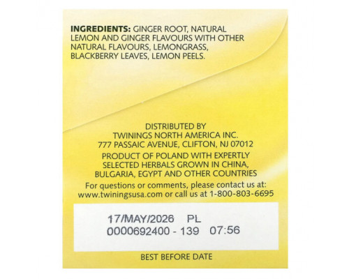 Травяные сборы и чаи Twinings, Herbal Tea, Lemon & Ginger, Caffeine Free, 20 Tea Bags, 1.06 oz (30 g) Травяные сборы и чаи Twinings, Herbal Tea, Lemon & Ginger, Caffeine Free, 20 Tea Bags, 1.06 oz (30 g)