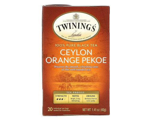Twinings, Цейлонский апельсиновый чай Pekoe, 20 чайных пакетиков, 40 г (1,41 унции) Twinings, Цейлонский апельсиновый чай Pekoe, 20 чайных пакетиков, 40 г (1,41 унции)