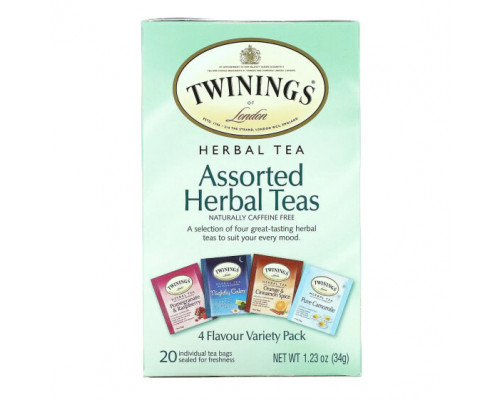 Травяные сборы и чаи Twinings, Ассорти из травяных чаев, смешанный набор, без кофеина, 20 чайных пакетиков, 34 г (1,23 унции) Травяные сборы и чаи Twinings, Ассорти из травяных чаев, смешанный набор, без кофеина, 20 чайных пакетиков, 34 г (1,23 унции)