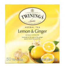Травяные сборы и чаи Twinings, травяной чай, лимон и имбирь, без кофеина, 50 чайных пакетиков, 75 г (2,65 унции)