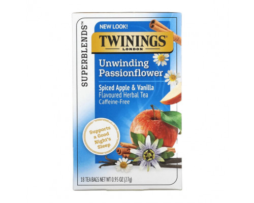 Травяные сборы и чаи Twinings, Успокаивающий травяной чай, страстоцвет и ромашка, пряное яблоко и ваниль, без кофеина, 18 пакетиков по 0,95 унц. (27 г) Травяные сборы и чаи Twinings, Успокаивающий травяной чай, страстоцвет и ромашка, пряное яблоко и ваниль, без кофеина, 18 пакетиков по 0,95 унц. (27 г)