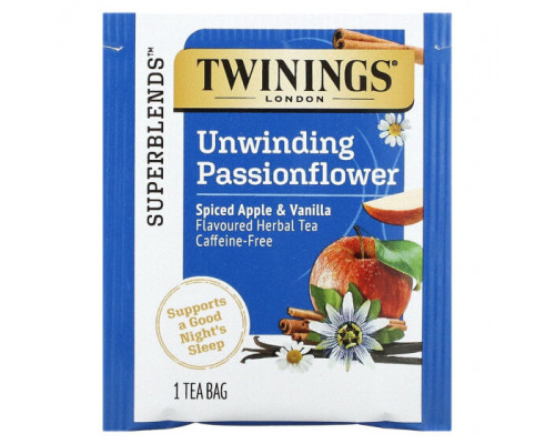 Травяные сборы и чаи Twinings, Успокаивающий травяной чай, страстоцвет и ромашка, пряное яблоко и ваниль, без кофеина, 18 пакетиков по 0,95 унц. (27 г) Травяные сборы и чаи Twinings, Успокаивающий травяной чай, страстоцвет и ромашка, пряное яблоко и ваниль, без кофеина, 18 пакетиков по 0,95 унц. (27 г)