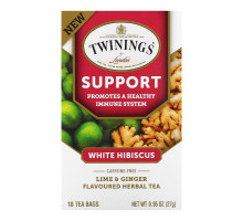 Twinings, Травяной чай для поддержки иммунитета, белый гибискус, лайм и имбирь, без кофеина, 18 пакетиков по 0,95 унц. (27 г)