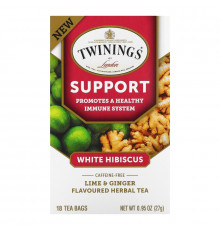 Twinings, Травяной чай для поддержки иммунитета, белый гибискус, лайм и имбирь, без кофеина, 18 пакетиков по 0,95 унц. (27 г)