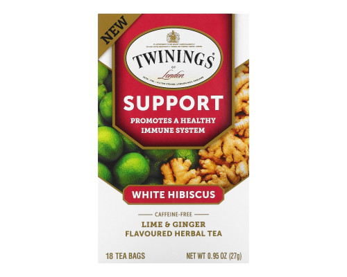 Twinings, Травяной чай для поддержки иммунитета, белый гибискус, лайм и имбирь, без кофеина, 18 пакетиков по 0,95 унц. (27 г) Twinings, Травяной чай для поддержки иммунитета, белый гибискус, лайм и имбирь, без кофеина, 18 пакетиков по 0,95 унц. (27 г)