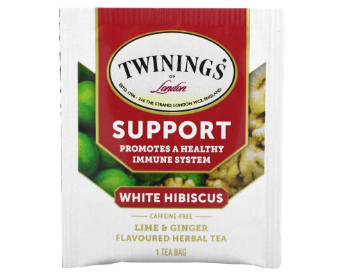 Twinings, Травяной чай для поддержки иммунитета, белый гибискус, лайм и имбирь, без кофеина, 18 пакетиков по 0,95 унц. (27 г) Twinings, Травяной чай для поддержки иммунитета, белый гибискус, лайм и имбирь, без кофеина, 18 пакетиков по 0,95 унц. (27 г)