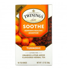 Twinings, Успокаивающий травяной чай, куркума, апельсин и анис звездчатый, без кофеина, 18 пакетиков по 1,27 унц. (36 г)