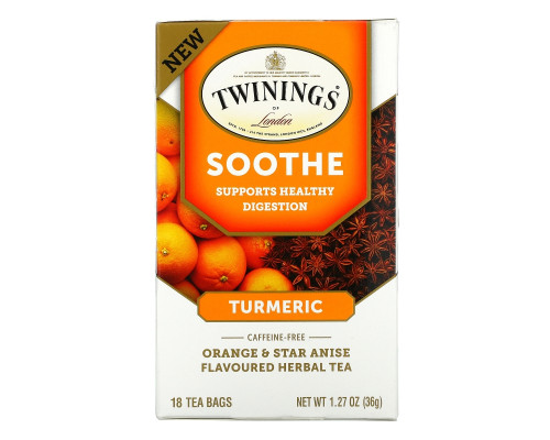 Twinings, Успокаивающий травяной чай, куркума, апельсин и анис звездчатый, без кофеина, 18 пакетиков по 1,27 унц. (36 г) Twinings, Успокаивающий травяной чай, куркума, апельсин и анис звездчатый, без кофеина, 18 пакетиков по 1,27 унц. (36 г)