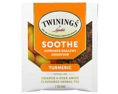 Twinings, Успокаивающий травяной чай, куркума, апельсин и анис звездчатый, без кофеина, 18 пакетиков по 1,27 унц. (36 г) Twinings, Успокаивающий травяной чай, куркума, апельсин и анис звездчатый, без кофеина, 18 пакетиков по 1,27 унц. (36 г)