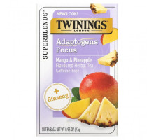 Травяные сборы и чаи Twinings, Focus Herbal Tea, травяной чай с женьшенем, манго и ананасом, без кофеина, 18 чайных пакетиков, 27 г (0,95 унции)