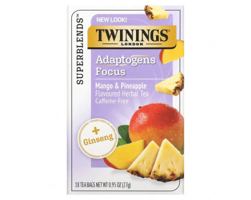 Травяные сборы и чаи Twinings, Focus Herbal Tea, травяной чай с женьшенем, манго и ананасом, без кофеина, 18 чайных пакетиков, 27 г (0,95 унции) Травяные сборы и чаи Twinings, Focus Herbal Tea, травяной чай с женьшенем, манго и ананасом, без кофеина, 18 чайных пакетиков, 27 г (0,95 унции)