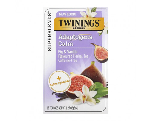 Травяные сборы и чаи Twinings, Calm, адаптогены, травяной чай со вкусом инжира и ванили, без кофеина, 18 чайных пакетиков, 36 г (1,27 унции) Травяные сборы и чаи Twinings, Calm, адаптогены, травяной чай со вкусом инжира и ванили, без кофеина, 18 чайных пакетиков, 36 г (1,27 унции)