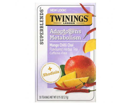Травяные сборы и чаи Twinings, Boost, адаптогены, травяной чай со вкусом манго и чили, без кофеина, 18 чайных пакетиков, 27 г (0,95 унции) Травяные сборы и чаи Twinings, Boost, адаптогены, травяной чай со вкусом манго и чили, без кофеина, 18 чайных пакетиков, 27 г (0,95 унции)