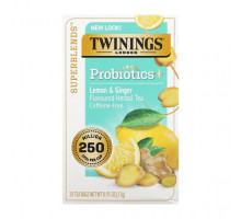 Травяные сборы и чаи Twinings, Травяной чай со вкусом пробиотиков, лимон и имбирь, без кофеина, 18 чайных пакетиков, 0,95 унции (27 г)
