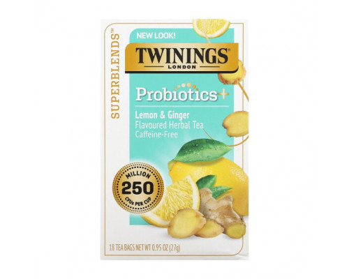 Травяные сборы и чаи Twinings, Травяной чай со вкусом пробиотиков, лимон и имбирь, без кофеина, 18 чайных пакетиков, 0,95 унции (27 г)