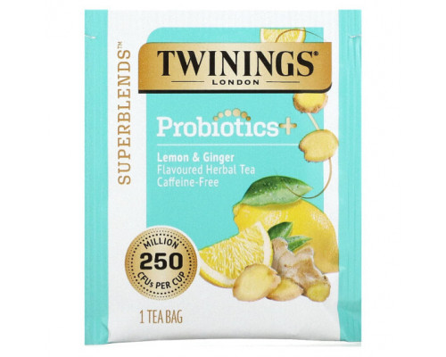 Травяные сборы и чаи Twinings, Травяной чай со вкусом пробиотиков, лимон и имбирь, без кофеина, 18 чайных пакетиков, 0,95 унции (27 г)