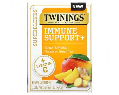 Травяные сборы и чаи Twinings, Superblends, поддержка иммунитета, с витамином C, зеленым чаем с имбирем и манго, 16 чайных пакетиков, 32 г (1,12 унции) каждый Травяные сборы и чаи Twinings, Superblends, поддержка иммунитета, с витамином C, зеленым чаем с имбирем и манго, 16 чайных пакетиков, 32 г (1,12 унции) каждый