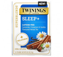 Травяные сборы и чаи Twinings, Superblends, Melatonin, травяной чай с ромашкой, корицей и ванилью, без кофеина, 16 чайных пакетиков, 24 г (0,85 унции)