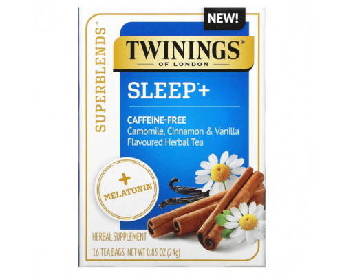 Травяные сборы и чаи Twinings, Superblends, Melatonin, травяной чай с ромашкой, корицей и ванилью, без кофеина, 16 чайных пакетиков, 24 г (0,85 унции) Травяные сборы и чаи Twinings, Superblends, Melatonin, травяной чай с ромашкой, корицей и ванилью, без кофеина, 16 чайных пакетиков, 24 г (0,85 унции)