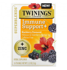 БАДы для укрепления иммунитета Twinings, Superblends, Immune Support, травяной чай из гибискуса и бузины, ежевика, без кофеина, 16 чайных пакетиков, 32 г (1,12 унции)