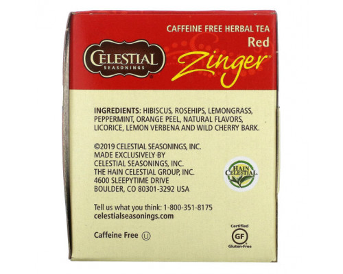 Травяные сборы и чаи Celestial Seasonings, травяной чай, Red Zinger, без кофеина, 20 чайных пакетиков, 49 г (1,7 унции) Травяные сборы и чаи Celestial Seasonings, травяной чай, Red Zinger, без кофеина, 20 чайных пакетиков, 49 г (1,7 унции)