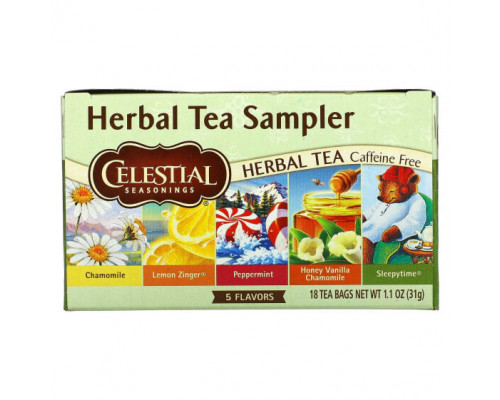 Травяные сборы и чаи Celestial Seasonings, набор травяных чаев, без кофеина, 5 вкусов, 18 чайных пакетиков, 30 г (1,0 унция) Травяные сборы и чаи Celestial Seasonings, набор травяных чаев, без кофеина, 5 вкусов, 18 чайных пакетиков, 30 г (1,0 унция)