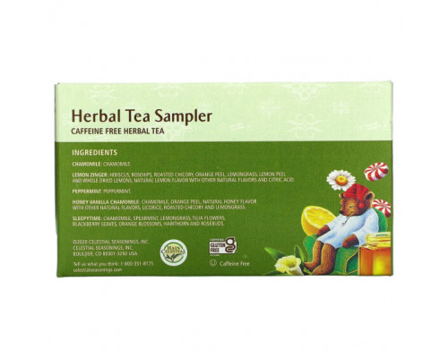 Травяные сборы и чаи Celestial Seasonings, набор травяных чаев, без кофеина, 5 вкусов, 18 чайных пакетиков, 30 г (1,0 унция) Травяные сборы и чаи Celestial Seasonings, набор травяных чаев, без кофеина, 5 вкусов, 18 чайных пакетиков, 30 г (1,0 унция)