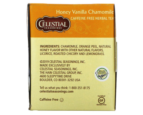Celestial Seasonings, Травяной чай, без кофеина, мед, ваниль и ромашка 20 чайных пакетиков, 1.7 унции (47 г) Celestial Seasonings, Травяной чай, без кофеина, мед, ваниль и ромашка 20 чайных пакетиков, 1.7 унции (47 г)