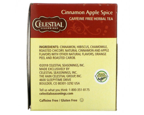 Травяные сборы и чаи Celestial Seasonings, травяной чай, со вкусом корицы и яблока, без кофеина, 20 чайных пакетиков, 48 г (1,7 унции) Травяные сборы и чаи Celestial Seasonings, травяной чай, со вкусом корицы и яблока, без кофеина, 20 чайных пакетиков, 48 г (1,7 унции)