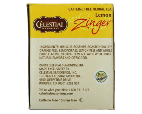 Травяные сборы и чаи Celestial Seasonings, травяной чай, Lemon Zinger, без кофеина, 20 чайных пакетиков, 47 г (1,7 унции) Травяные сборы и чаи Celestial Seasonings, травяной чай, Lemon Zinger, без кофеина, 20 чайных пакетиков, 47 г (1,7 унции)