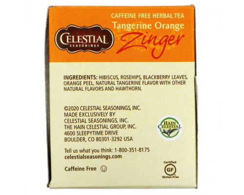 Травяные сборы и чаи Celestial Seasonings, Травяной чай без кофеина Zinger, Мандариново-апельсиновый заряд, 20 чайных пакетиков, 1,7 унции (47 г) Травяные сборы и чаи Celestial Seasonings, Травяной чай без кофеина Zinger, Мандариново-апельсиновый заряд, 20 чайных пакетиков, 1,7 унции (47 г)
