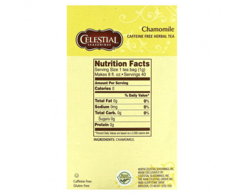 Травяные сборы и чаи Celestial Seasonings, травяной чай, ромашка, без кофеина, 40 чайных пакетиков по 51 г (1,8 унции) Травяные сборы и чаи Celestial Seasonings, травяной чай, ромашка, без кофеина, 40 чайных пакетиков по 51 г (1,8 унции)