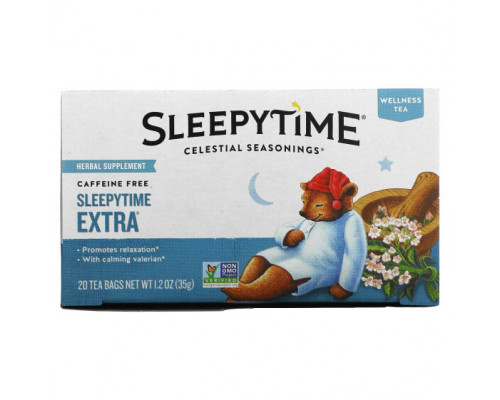 Травяные сборы и чаи Celestial Seasonings, Велнес-чай Sleepytime Extra, без кофеина, 20 чайных пакетиков, 1,2 унции (35 г) Травяные сборы и чаи Celestial Seasonings, Велнес-чай Sleepytime Extra, без кофеина, 20 чайных пакетиков, 1,2 унции (35 г)