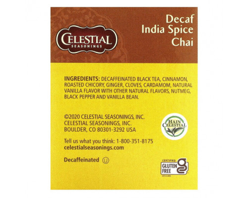 Травяные сборы и чаи Celestial Seasonings, черный чай с экзотическими специями, индийский чай со специями, без кофеина, 20 чайных пакетиков, 61 г (2,1 унции) Травяные сборы и чаи Celestial Seasonings, черный чай с экзотическими специями, индийский чай со специями, без кофеина, 20 чайных пакетиков, 61 г (2,1 унции)