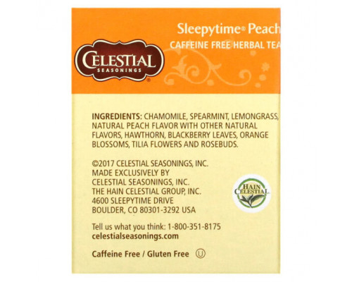Травяные сборы и чаи Celestial Seasonings, Sleepytime, травяной чай, без кофеина, персик, 20 чайных пакетиков, 29 г (1,0 унция) Травяные сборы и чаи Celestial Seasonings, Sleepytime, травяной чай, без кофеина, персик, 20 чайных пакетиков, 29 г (1,0 унция)