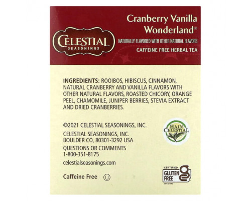 Травяные сборы и чаи Celestial Seasonings, травяной чай к празднику, клюква и ваниль, без кофеина, 18 чайных пакетиков, 38 г (1,3 унции) Травяные сборы и чаи Celestial Seasonings, травяной чай к празднику, клюква и ваниль, без кофеина, 18 чайных пакетиков, 38 г (1,3 унции)