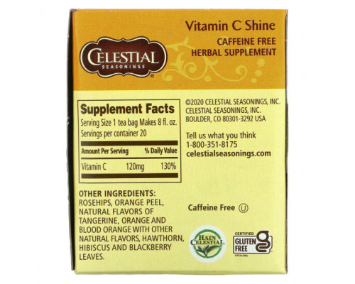 Травяные сборы и чаи Celestial Seasonings, травяная добавка, с витамином C, без кофеина, 20 чайных пакетиков, 47 г (1,6 унции) Травяные сборы и чаи Celestial Seasonings, травяная добавка, с витамином C, без кофеина, 20 чайных пакетиков, 47 г (1,6 унции)