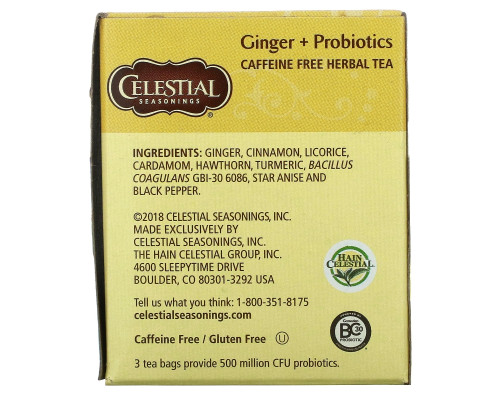 Celestial Seasonings, Травяной чай, имбирь + пробиотики, без кофеина, 20 чайных пакетиков, 1,1 унции (31 г) Celestial Seasonings, Травяной чай, имбирь + пробиотики, без кофеина, 20 чайных пакетиков, 1,1 унции (31 г)
