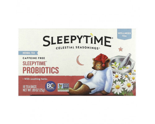 Травяные сборы и чаи Celestial Seasonings, Wellness, травяной чай, пробиотики для сна, без кофеина, 18 чайных пакетиков по 25 г (0,89 унции) Травяные сборы и чаи Celestial Seasonings, Wellness, травяной чай, пробиотики для сна, без кофеина, 18 чайных пакетиков по 25 г (0,89 унции)