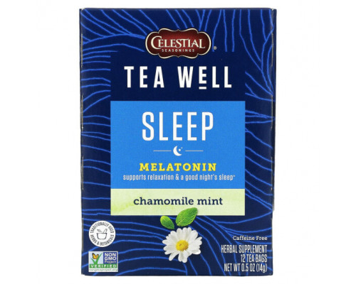 Травяные сборы и чаи Celestial Seasonings, Sleep, мелатонин, ромашка и мята, без кофеина, 12 чайных пакетиков, 1,2 г (0,04 унции) Травяные сборы и чаи Celestial Seasonings, Sleep, мелатонин, ромашка и мята, без кофеина, 12 чайных пакетиков, 1,2 г (0,04 унции)