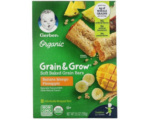 Gerber, Organic, Grain & Grow, Soft Baked Grain Bars, 12+ Months, Banana Mango Pineapple, 8 Bars, 19 g Each Gerber, Organic, Grain & Grow, Soft Baked Grain Bars, 12+ Months, Banana Mango Pineapple, 8 Bars, 19 g Each