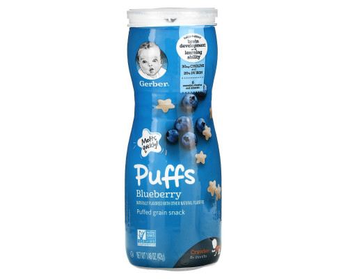 Gerber, Puffs, Cereal Snack, Crawler, 8+ Months, Blueberry, 1.48 oz (42 g) Gerber, Puffs, Cereal Snack, Crawler, 8+ Months, Blueberry, 1.48 oz (42 g)
