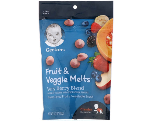 Gerber, Fruit & Veggie Melts, Very Berry Blend, Crawler 8+ Months, 1.0 oz (28 g) Gerber, Fruit & Veggie Melts, Very Berry Blend, Crawler 8+ Months, 1.0 oz (28 g)
