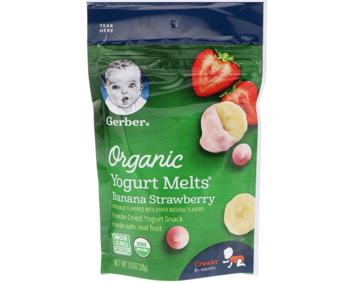 Gerber, Органический продукт, Снэки из йогурта с бананом и клубникой, 1 унция (28 г) Gerber, Органический продукт, Снэки из йогурта с бананом и клубникой, 1 унция (28 г)