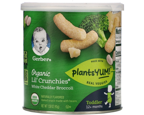 Gerber, Organic Lil' Crunchies, 12+ Months, White Cheddar Broccoli, 1.59 oz (45 g) Gerber, Organic Lil' Crunchies, 12+ Months, White Cheddar Broccoli, 1.59 oz (45 g)
